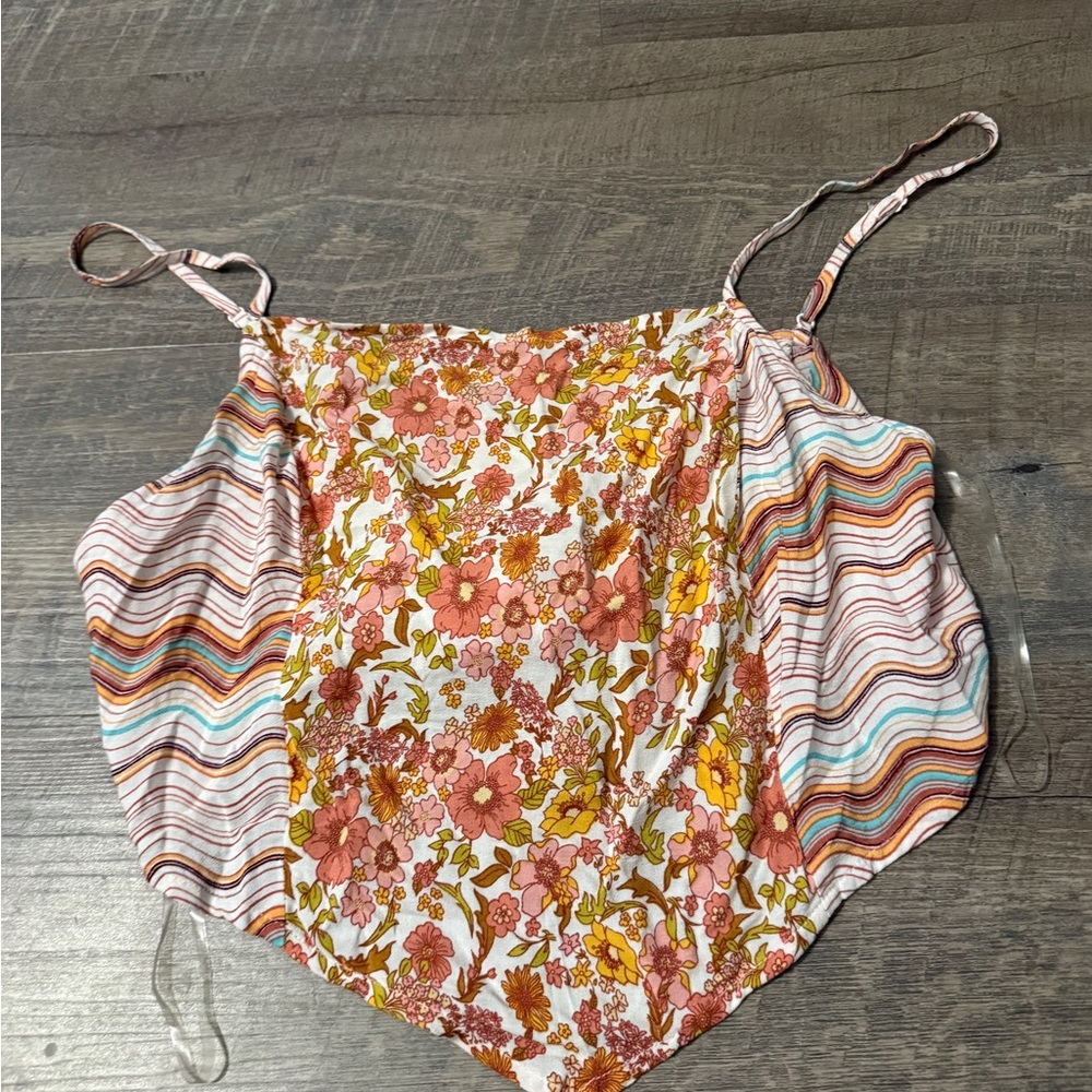 SO Multicolor Smocked Tank Top in Cream, Teal, and Brown